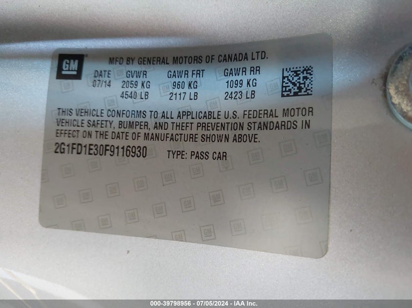 2015 Chevrolet Camaro 1Lt VIN: 2G1FD1E30F9116930 Lot: 39798956
