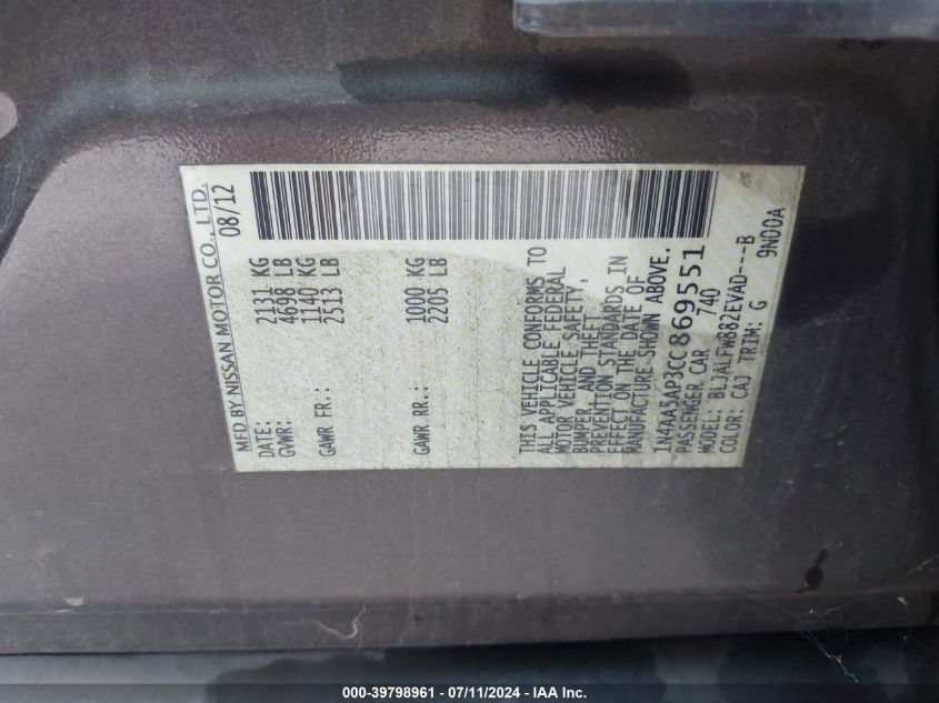 2012 Nissan Maxima 3.5 Sv VIN: 1N4AA5AP3CC869551 Lot: 39798961