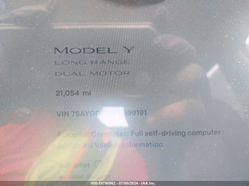 2023 TESLA MODEL Y LONG RANGE - 7SAYGDEE6PF699191