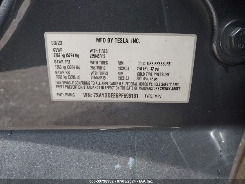 2023 TESLA MODEL Y LONG RANGE - 7SAYGDEE6PF699191