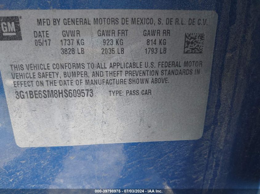 2017 Chevrolet Cruze Lt VIN: 3G1BE6SM8HS609573 Lot: 39798975