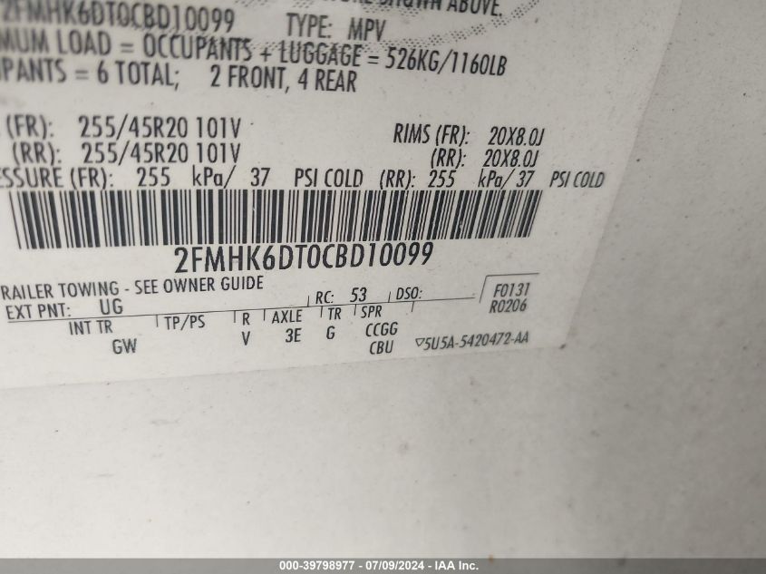 2012 Ford Flex Titanium VIN: 2FMHK6DT0CBD10099 Lot: 39798977