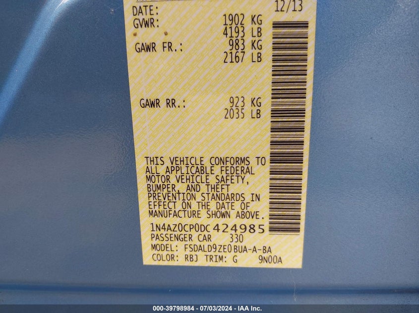 2013 Nissan Leaf Sv VIN: 1N4AZ0CP0DC424985 Lot: 39798984