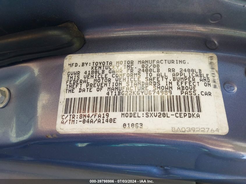 2000 Toyota Camry Ce VIN: 4T1BG22K6YU674989 Lot: 39798986