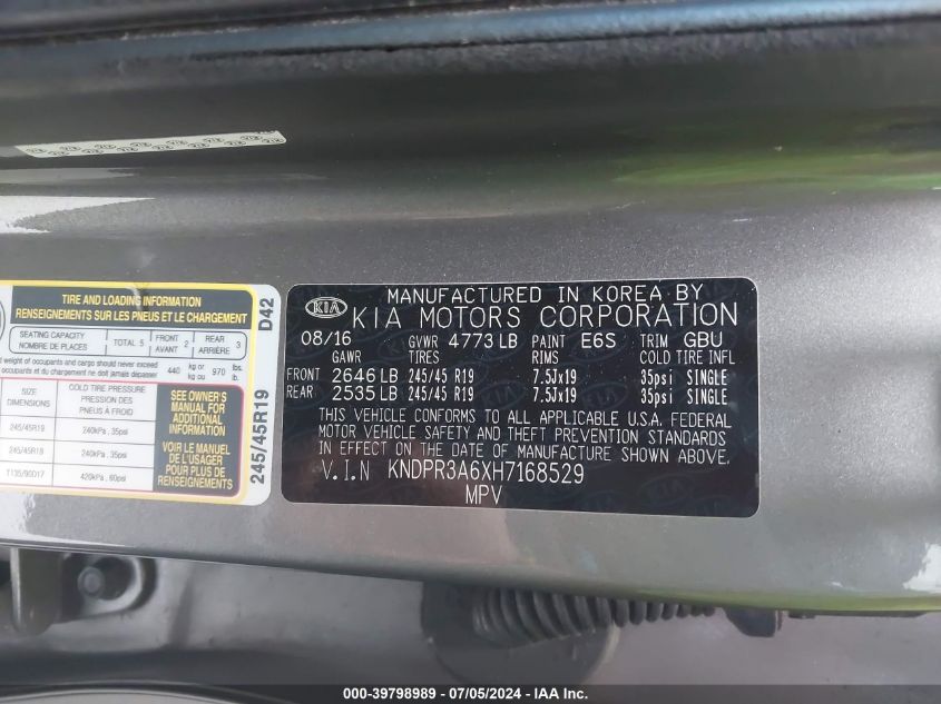 2017 Kia Sportage Sx Turbo VIN: KNDPR3A6XH7168529 Lot: 39798989
