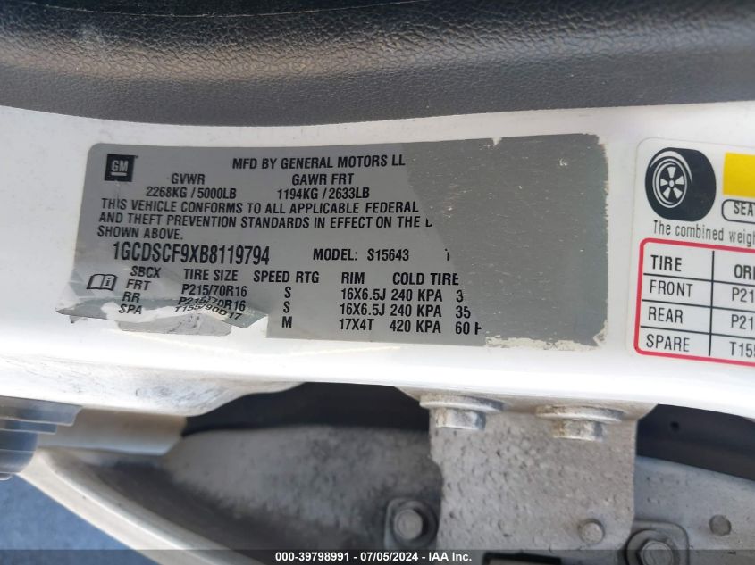 2011 Chevrolet Colorado 1Lt VIN: 1GCDSCF9XB8119794 Lot: 39798991