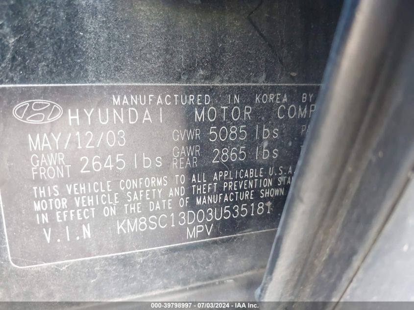 2003 Hyundai Santa Fe Gls/Lx VIN: KM8SC13D03U535181 Lot: 39798997