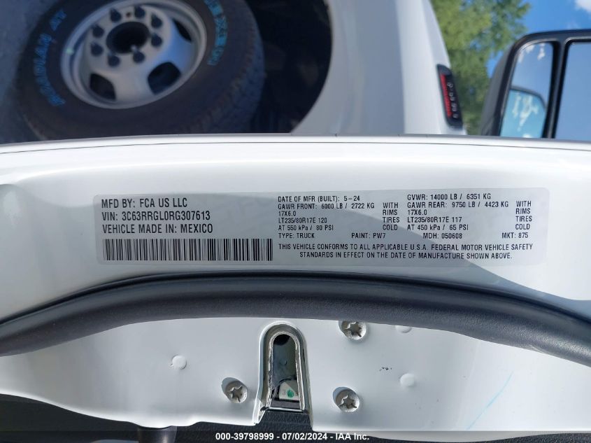 2024 Ram 3500 Tradesman 4X4 8' Box VIN: 3C63RRGL0RG307613 Lot: 39798999