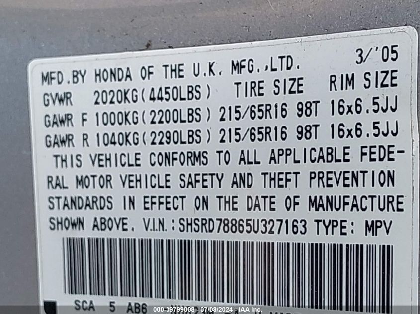 2005 Honda Cr-V Ex VIN: SHSRD78865U327163 Lot: 39799008