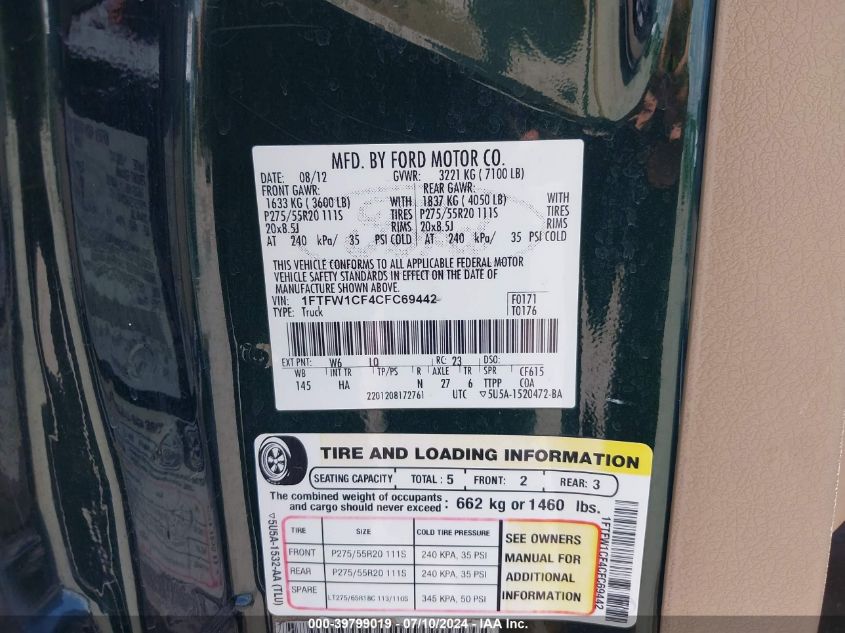 2012 Ford F-150 Lariat VIN: 1FTFW1CF4CFC69442 Lot: 39799019