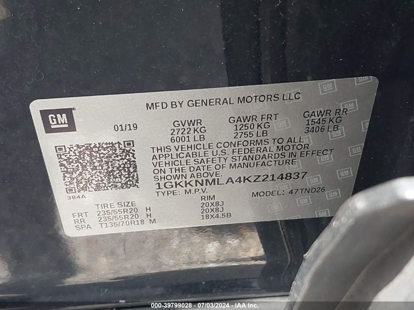 2019 GMC Acadia Slt-1 VIN: 1GKKNMLA4KZ214837 Lot: 39799028