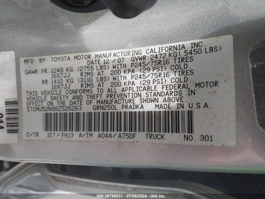 2008 Toyota Tacoma Base V6 VIN: 5TEMU52N98Z526263 Lot: 39799031