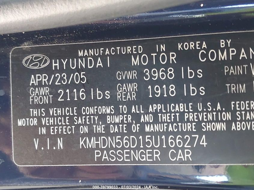 2005 Hyundai Elantra Gls/Gt VIN: KMHDN56D15U166274 Lot: 39799033