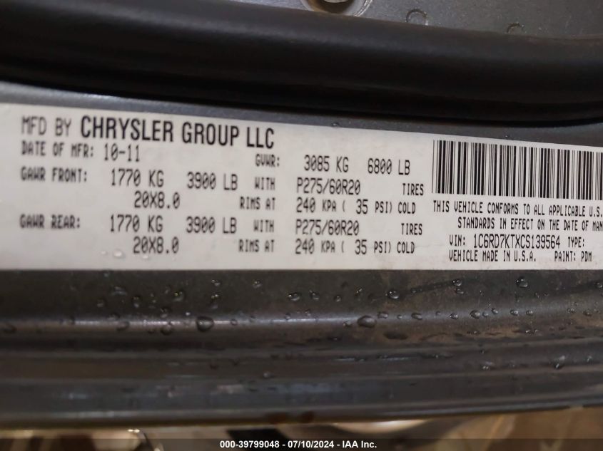 2012 Ram 1500 St VIN: 1C6RD7KTXCS139564 Lot: 39799048