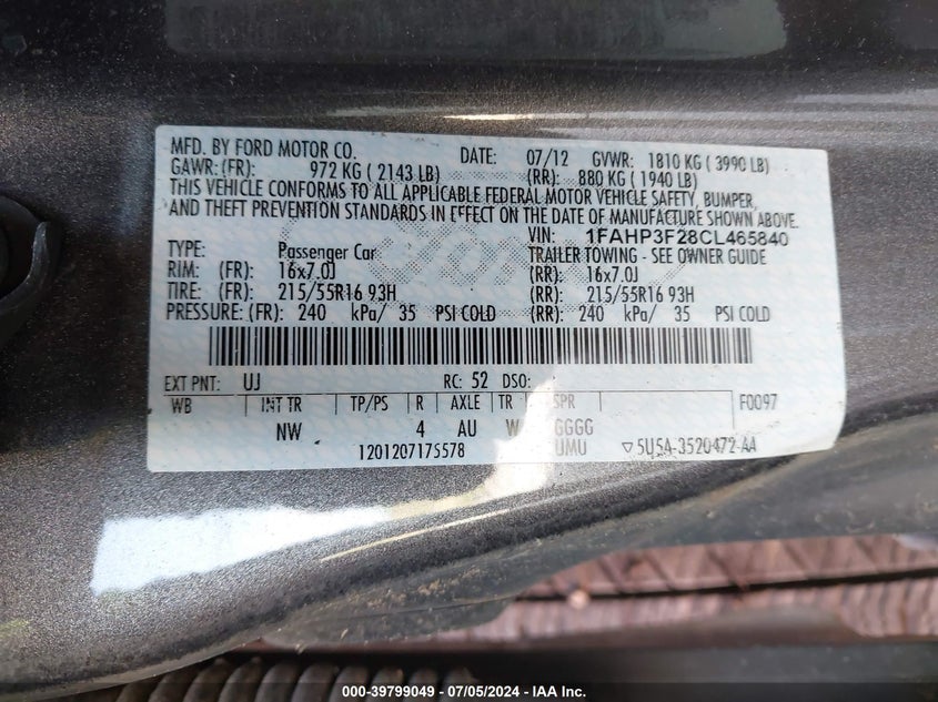 2012 Ford Focus Se VIN: 1FAHP3F28CL465840 Lot: 39799049