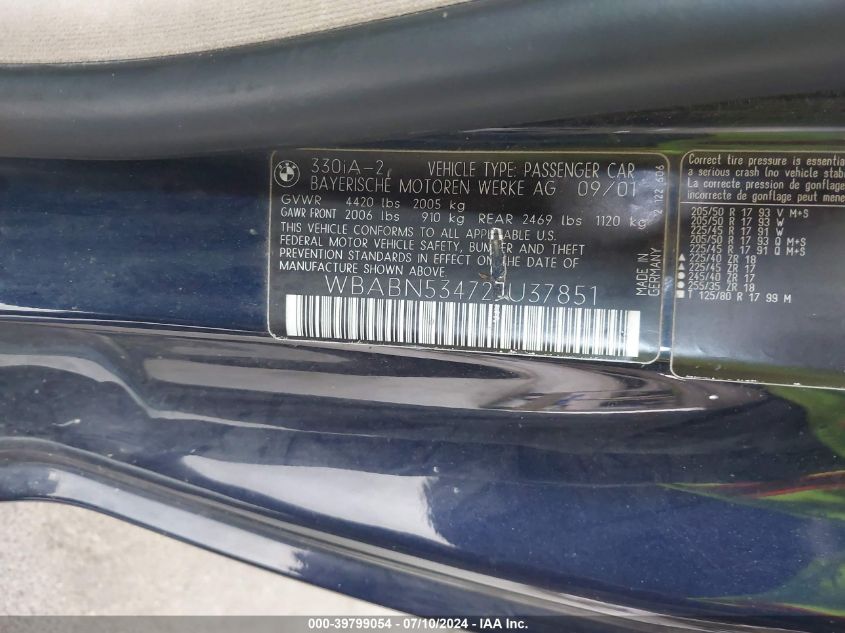 2002 BMW 330Ci VIN: WBABN53472JU37851 Lot: 39799054