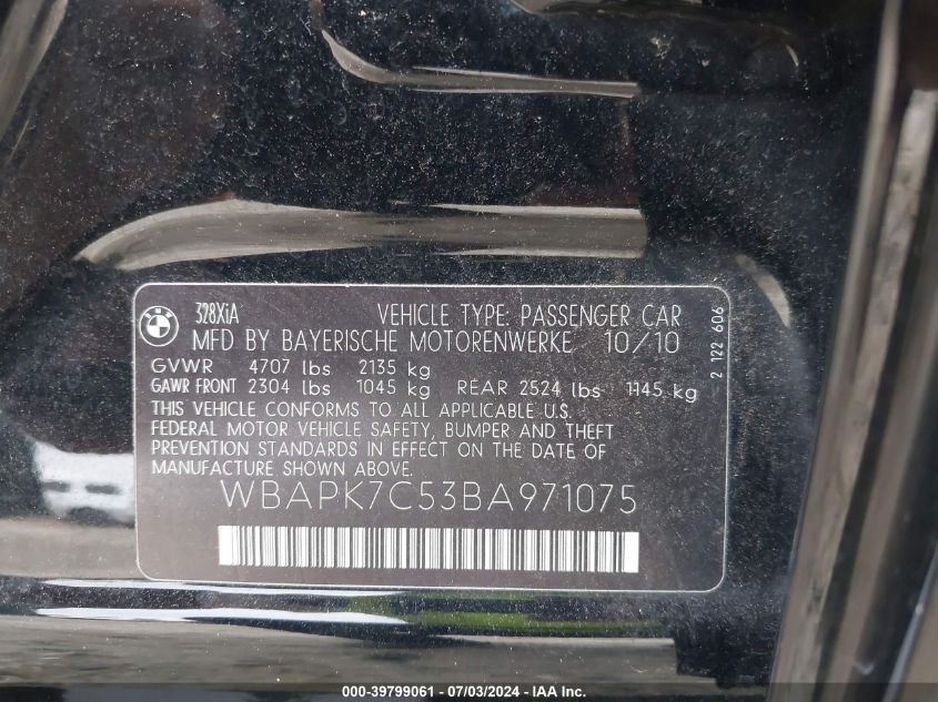 2011 BMW 3 Series 328I xDrive VIN: WBAPK7C53BA971075 Lot: 39799061