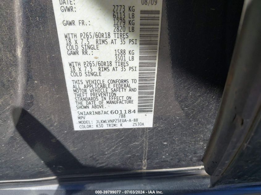 2010 Nissan Pathfinder Le VIN: 5N1AR1NB7AC601184 Lot: 39799077
