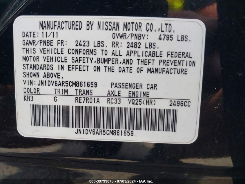 2012 Infiniti G25 VIN: JN1DV6AR5CM861659 Lot: 39799078