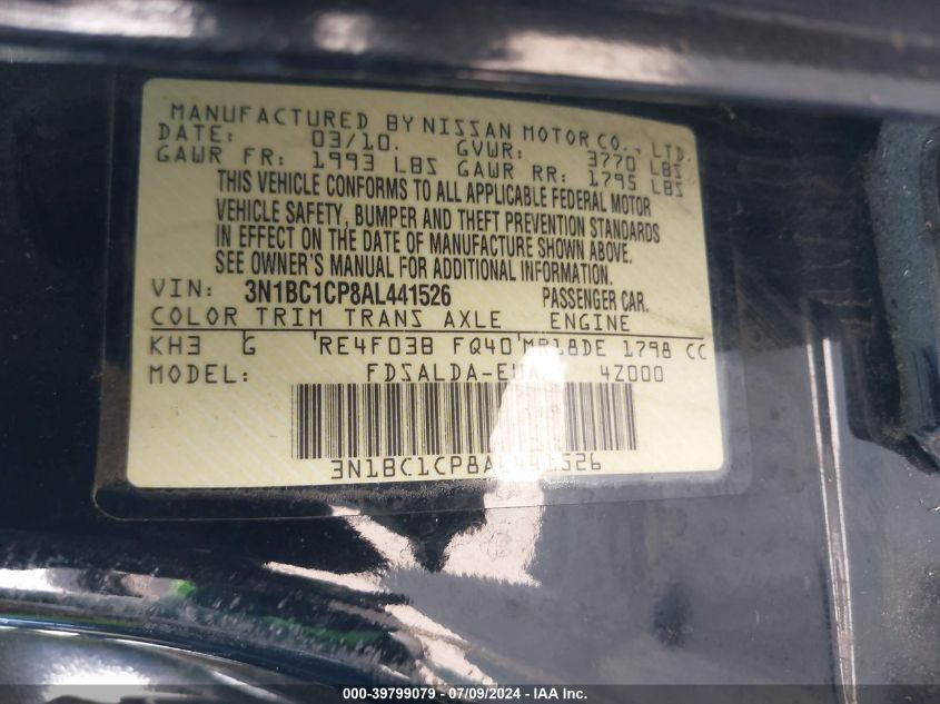 2010 Nissan Versa 1.8S VIN: 3N1BC1CP8AL441526 Lot: 39799079