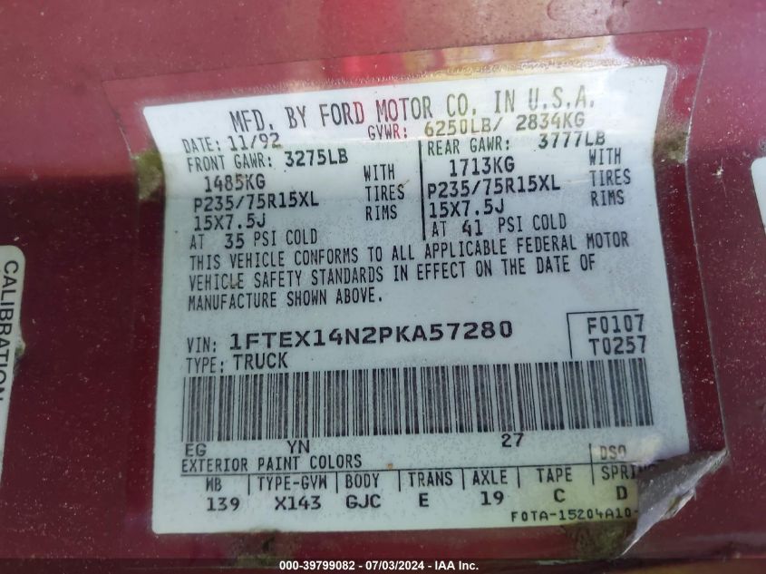 1993 Ford F150 VIN: 1FTEX14N2PKA57280 Lot: 39799082
