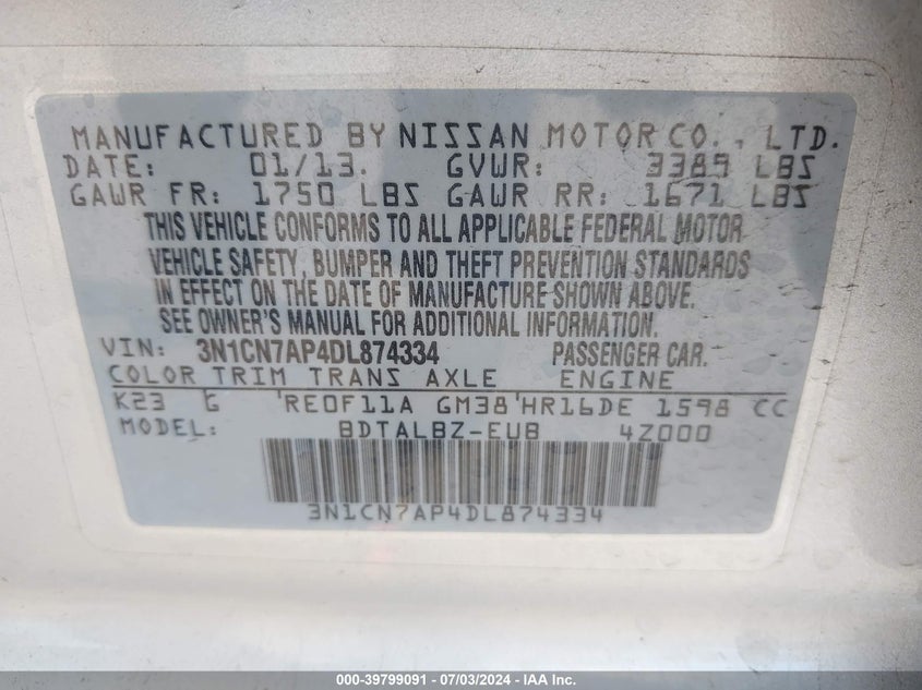 2013 Nissan Versa 1.6 Sv VIN: 3N1CN7AP4DL874334 Lot: 39799091