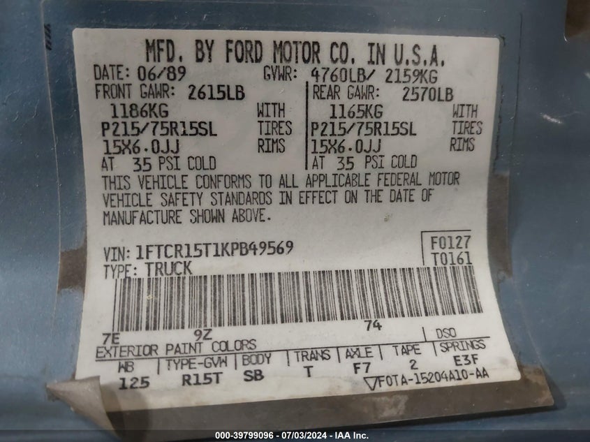 1989 Ford Ranger Super Cab VIN: 1FTCR15T1KPB49569 Lot: 39799096