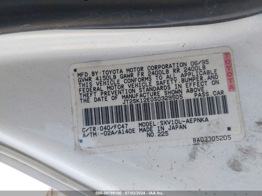 1995 Toyota Camry Le VIN: JT2SK12E0S0329505 Lot: 39799100