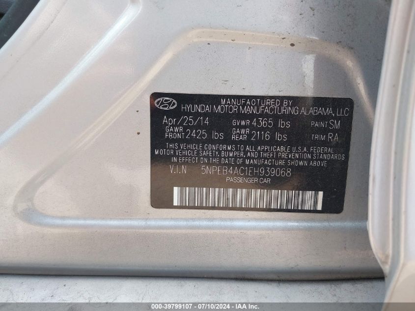 5NPEB4AC1EH939068 2014 Hyundai Sonata Gls