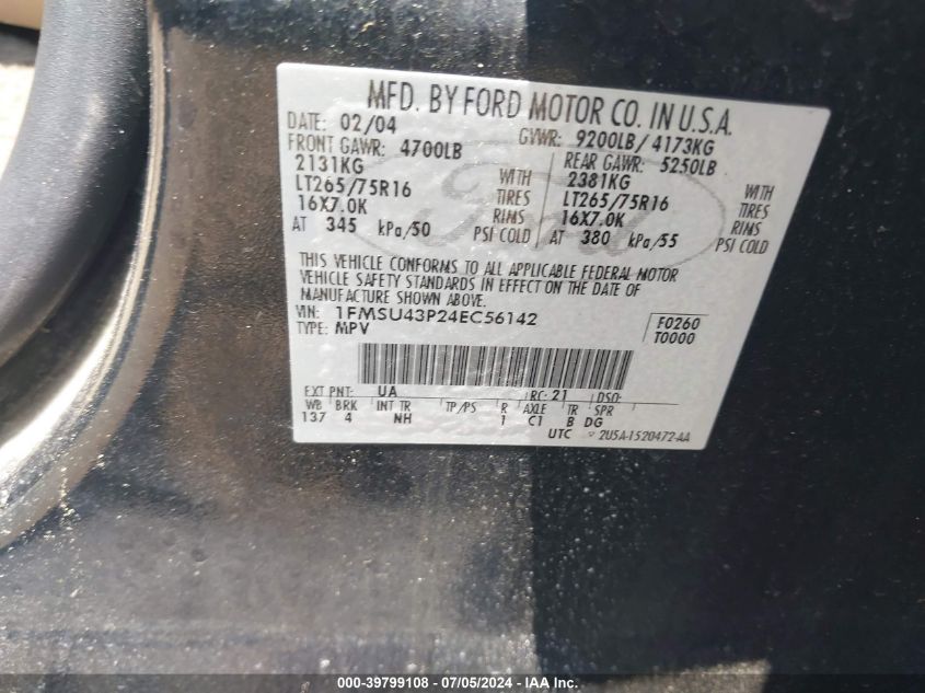 2004 Ford Excursion Limited VIN: 1FMSU43P24EC56142 Lot: 39799108