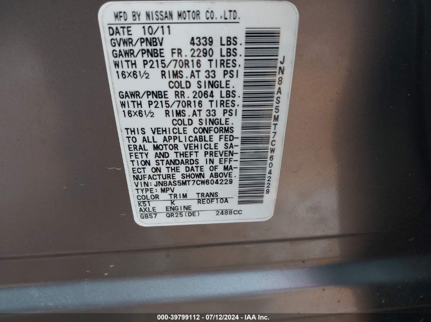 2012 Nissan Rogue S VIN: JN8AS5MT7CW604229 Lot: 39799112