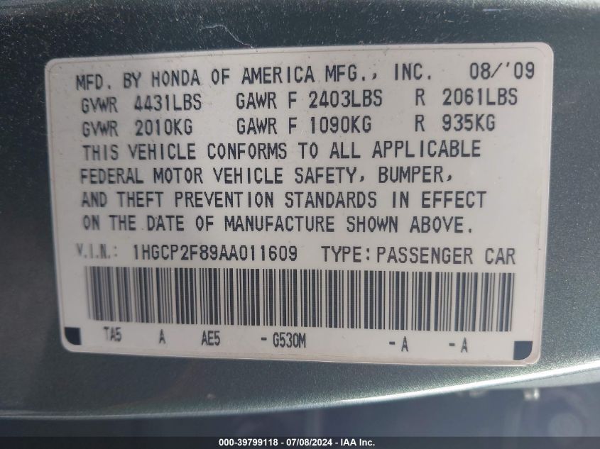 2010 Honda Accord 2.4 Ex-L VIN: 1HGCP2F89AA011609 Lot: 39799118