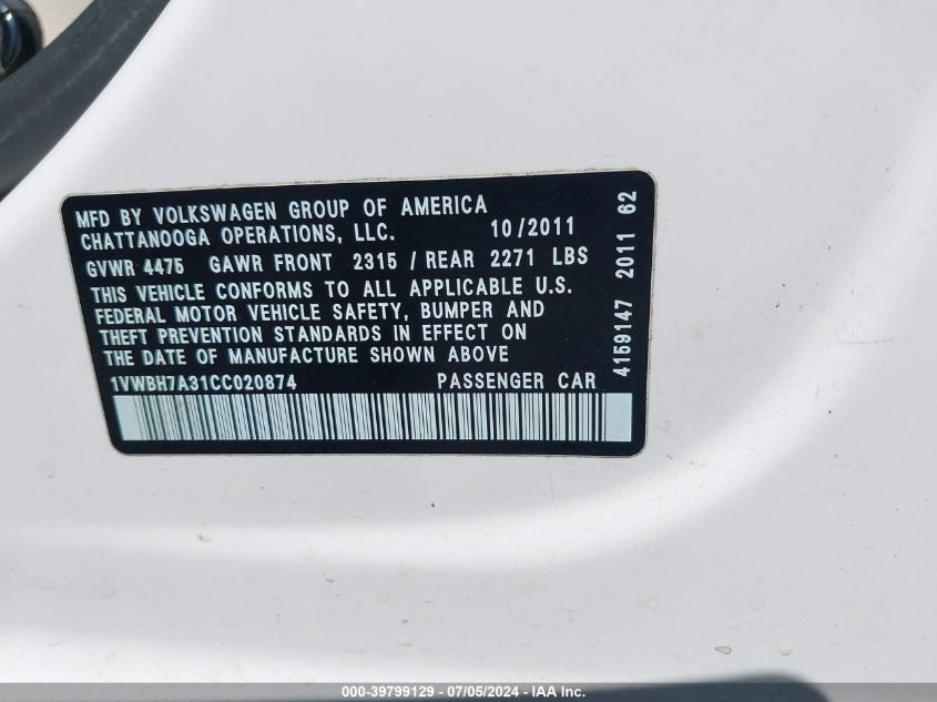 2012 Volkswagen Passat 2.5L Se VIN: 1VWBH7A31CC020874 Lot: 39799129