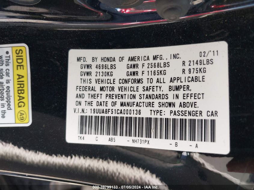 19UUA8F51CA000136 2012 Acura Tl 3.5