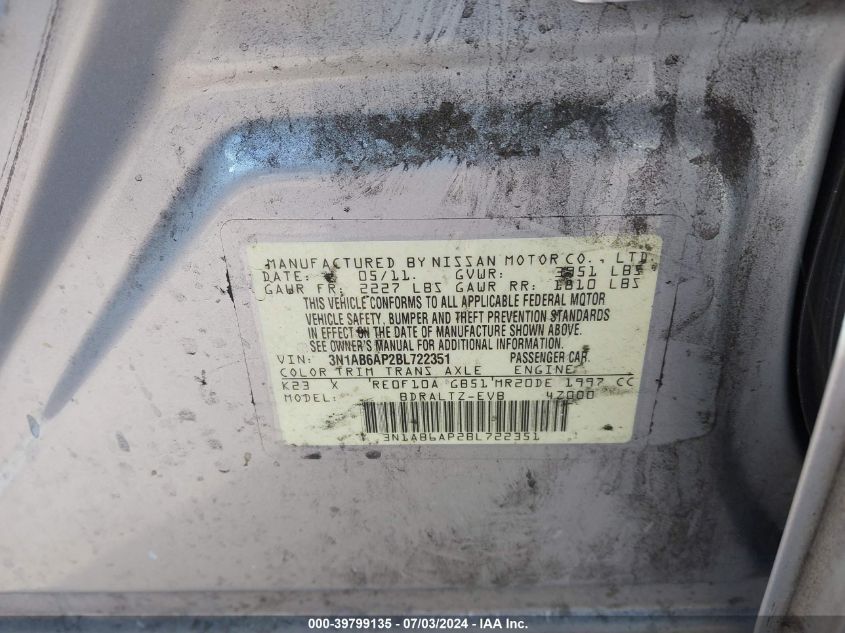 2011 Nissan Sentra 2.0/2.0S/Sr/2.0Sl VIN: 3N1AB6AP2BL722351 Lot: 39799135