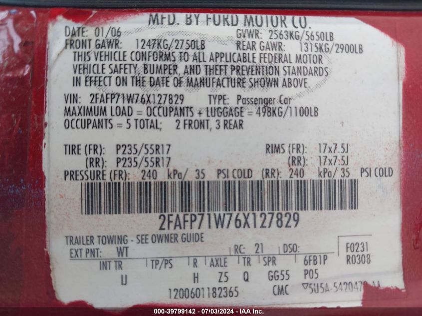 2006 Ford Crown Victoria VIN: 2FAFP71W76X127829 Lot: 39799142