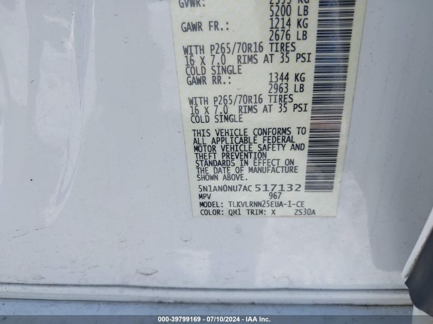 2010 Nissan Xterra S VIN: 5N1AN0NU7AC517132 Lot: 39799169