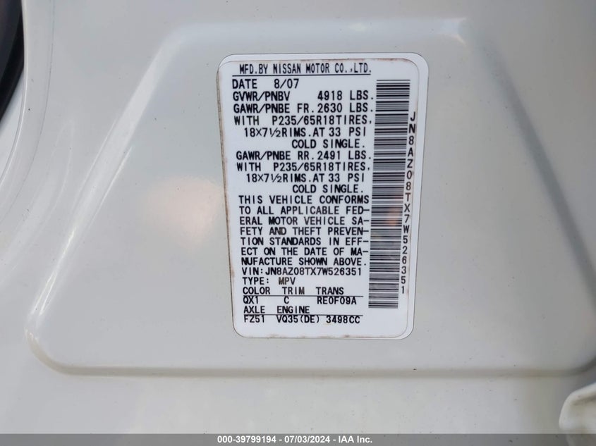 2007 Nissan Murano Sl/Se/S VIN: JN8AZ08TX7W526351 Lot: 39799194