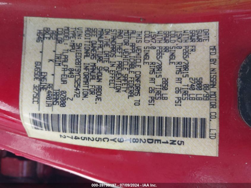 2000 Nissan Xterra Se/Xe VIN: 5N1ED28T9YC525472 Lot: 39799197