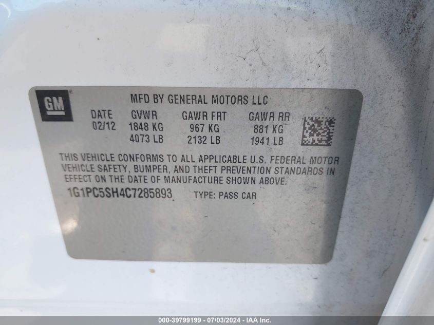 2012 Chevrolet Cruze Ls VIN: 1G1PC5SH4C7285893 Lot: 39799199