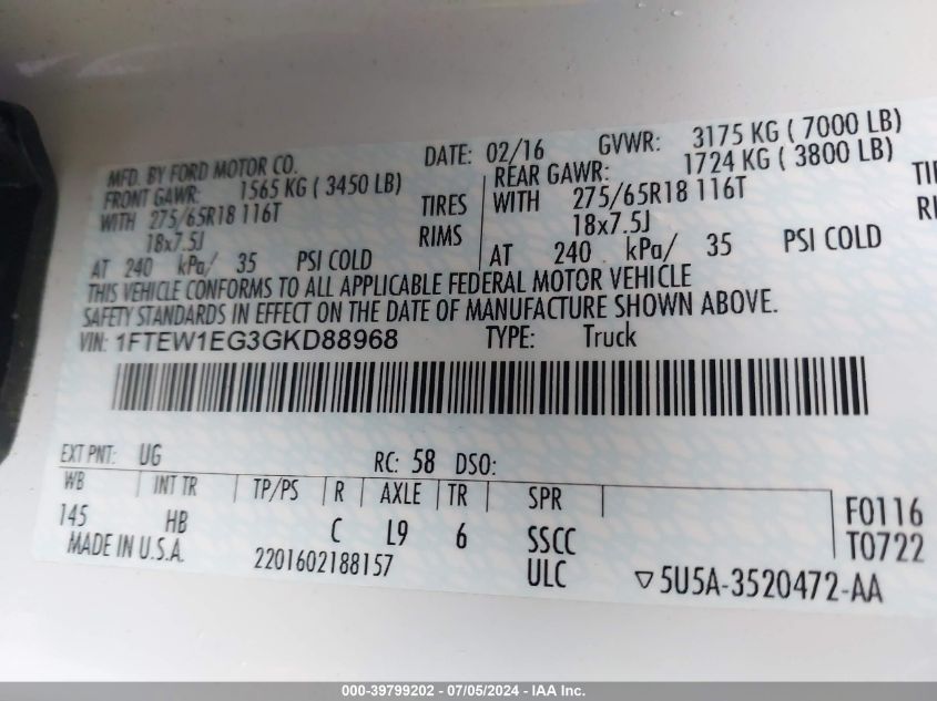 2016 Ford F-150 Lariat VIN: 1FTEW1EG3GKD88968 Lot: 39799202