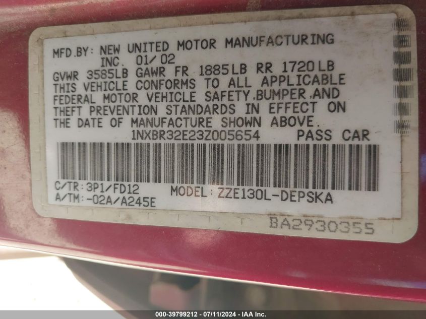 2003 Toyota Corolla S VIN: 1NXBR32E23Z005654 Lot: 39799212