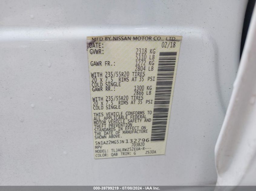 2018 Nissan Murano Sl VIN: 5N1AZ2MG5JN132796 Lot: 39799219