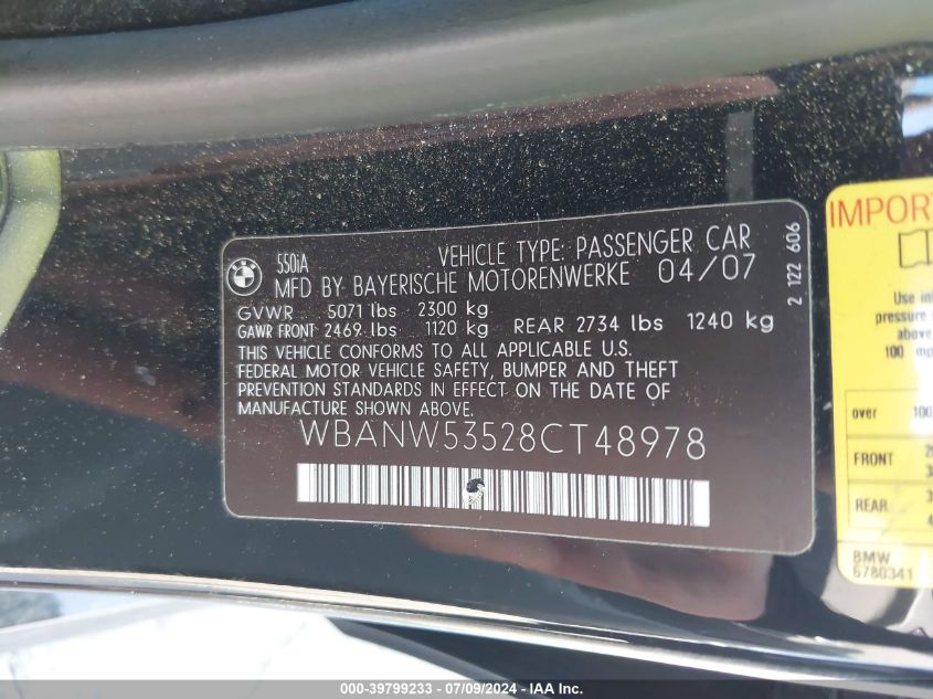 2008 BMW 550I VIN: WBANW53528CT48978 Lot: 39799233