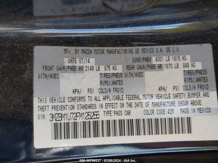 2015 Mazda Mazda3 I Sport VIN: 3MZBM1U72FM125255 Lot: 39799237