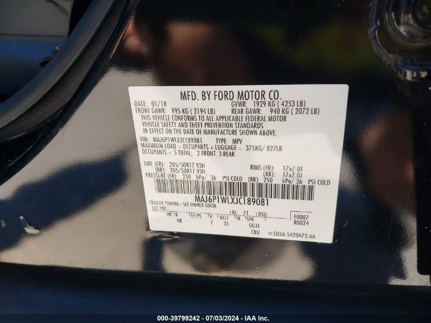 2018 Ford Ecosport Titanium VIN: MAJ6P1WLXJC189081 Lot: 39799242