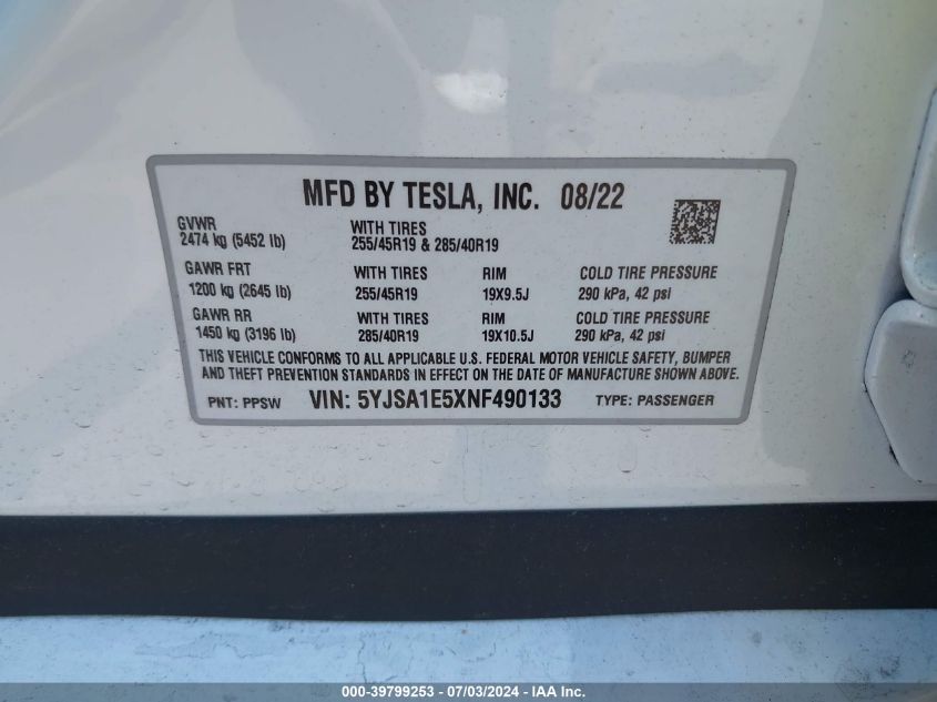 2022 Tesla Model S Dual Motor All-Wheel Drive VIN: 5YJSA1E5XNF490133 Lot: 39799253