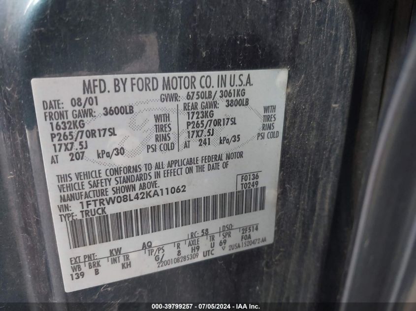 2002 Ford F-150 Lariat/Xlt VIN: 1FTRW08L42KA11062 Lot: 39799257