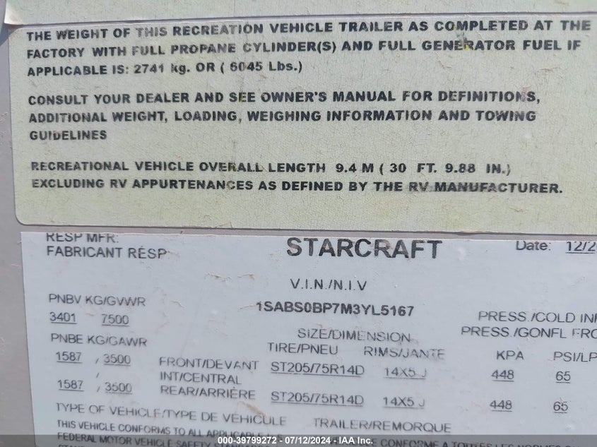 2021 STARCRAFT RV OTHER (VIN: 1SABS0BP7M3YL5167
