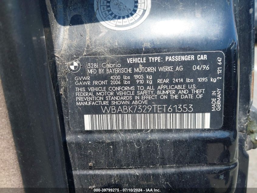 1996 BMW 328 Ic VIN: WBABK7329TET61353 Lot: 39799275